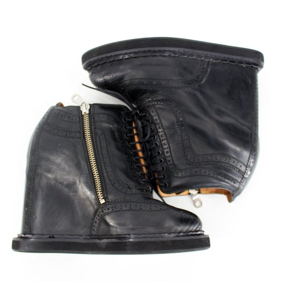 Mihara Yasuhiro Black Brogue Wedge Boots 6.5 Lace Up Platform Oxford Zip Japan - Picture 9 of 13